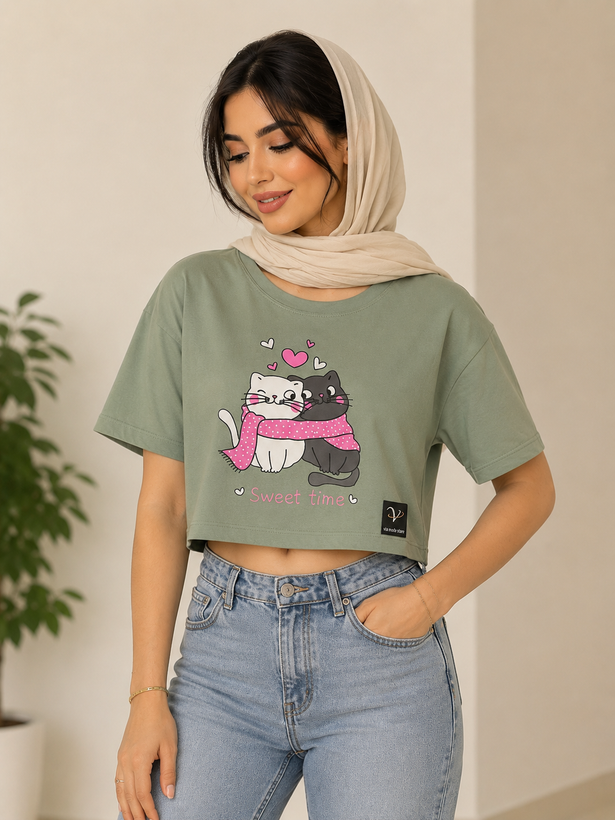 تیشرت کراپ طرح کیتی فری سایز جنس نخ پنبه خنک مناسب این فصل ضدحساست بدون پلاستیک درچهاررنگ جذاب