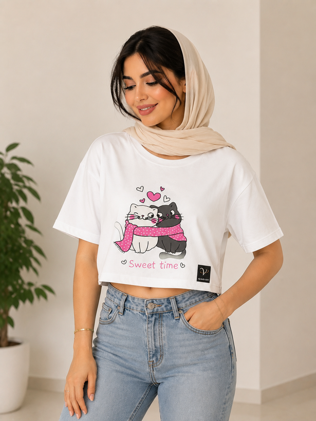 تیشرت کراپ طرح کیتی فری سایز جنس نخ پنبه خنک مناسب این فصل ضدحساست بدون پلاستیک درچهاررنگ جذاب