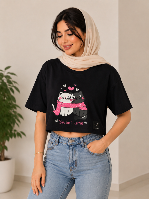 تیشرت کراپ طرح کیتی فری سایز جنس نخ پنبه خنک مناسب این فصل ضدحساست بدون پلاستیک درچهاررنگ جذاب