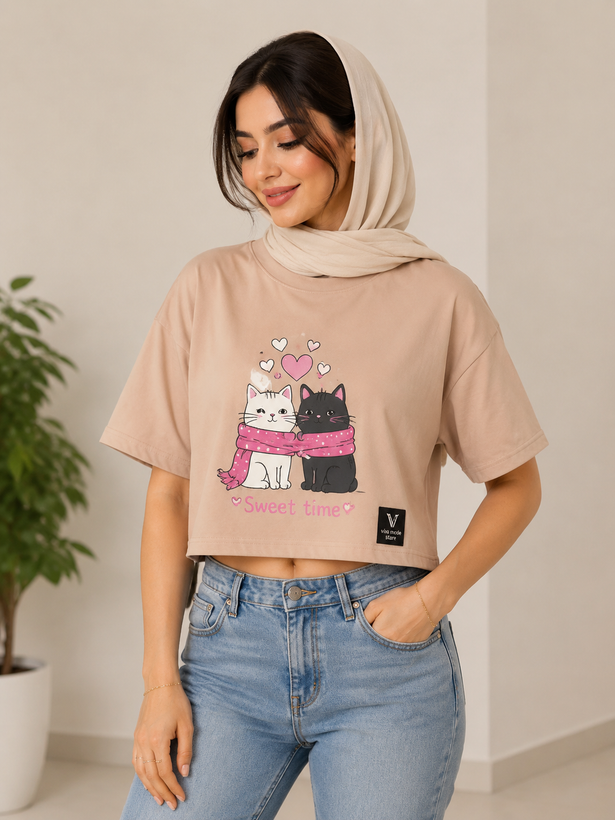 تیشرت کراپ طرح کیتی فری سایز جنس نخ پنبه خنک مناسب این فصل ضدحساست بدون پلاستیک درچهاررنگ جذاب