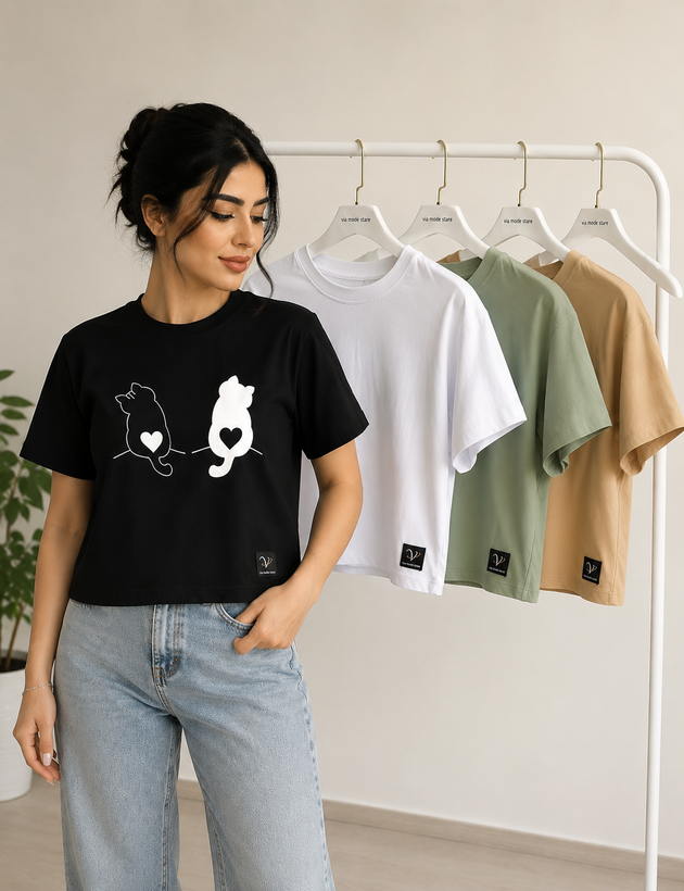 تیشرت کراپ طرح گربه درچهاررنگ 🟤⚪️🟢⚫️فری سایز جنس پارچه نخ پنبه بسیارراحت وبدون حساست کیفیت تضمینی بدون رنگ دهی