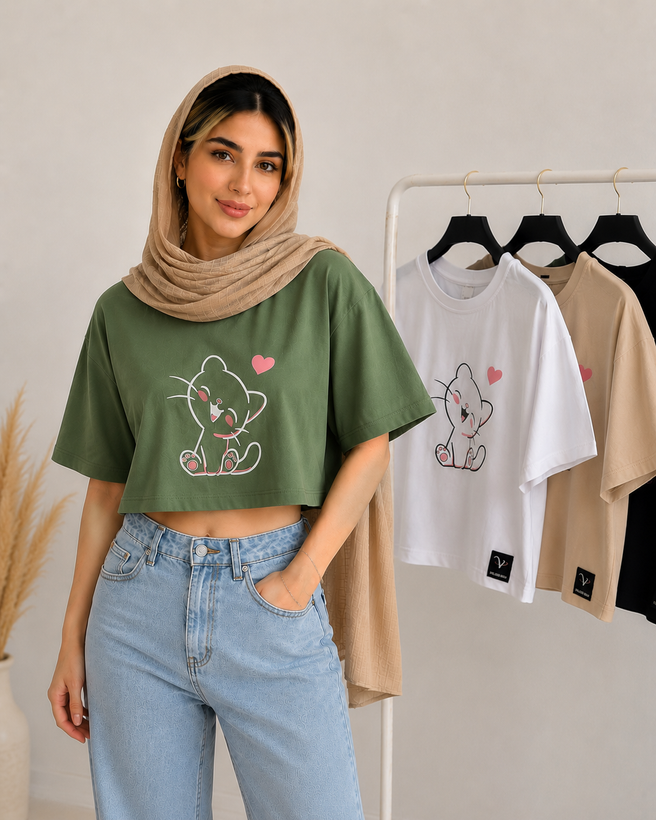 تیشرت کراپ طرح کیتی درچهاررنگ 🟤⚪️🟢⚫️فری سایز جنس نخ پنبه خیلی خنک وراحت ضدحساسیت