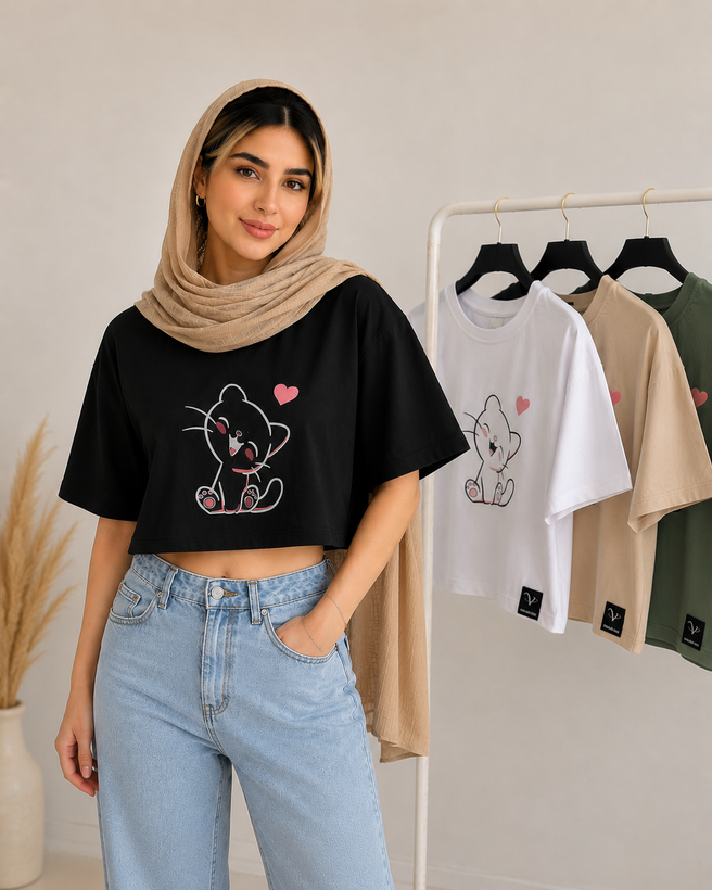 تیشرت کراپ طرح کیتی درچهاررنگ 🟤⚪️🟢⚫️فری سایز جنس نخ پنبه خیلی خنک وراحت ضدحساسیت
