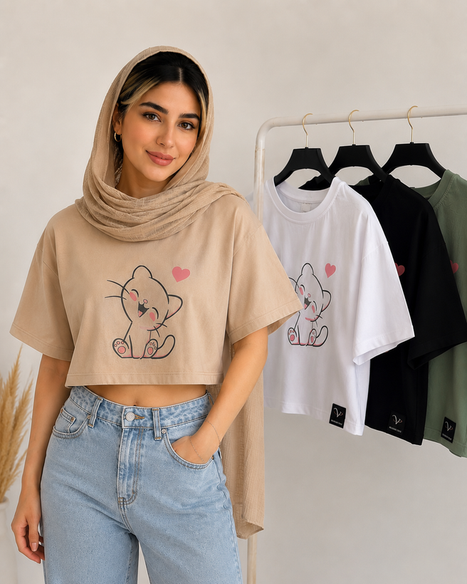 تیشرت کراپ طرح کیتی درچهاررنگ 🟤⚪️🟢⚫️فری سایز جنس نخ پنبه خیلی خنک وراحت ضدحساسیت