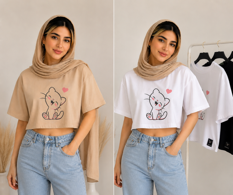 تیشرت کراپ طرح کیتی درچهاررنگ 🟤⚪️🟢⚫️فری سایز جنس نخ پنبه خیلی خنک وراحت ضدحساسیت